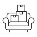 Things on sofa icon in line design. boxes, furniture, moving, household, relocation on white background vector. household things Royalty Free Stock Photo