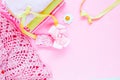 things, staff, accessories for newborn baby on pink background