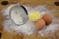 Things used for baking, eggs, butter and flour