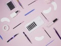 Things for the work of lash-makers, artificial eyelashes, microbrachis, glue, tweezers, combs, brushes for eyelash extensions.