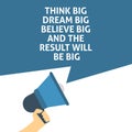 THINK BIG DREAM BIG BELIEVE BIG AND THE RESULT WILL BE BIG Announcement. Hand Holding Megaphone With Speech Bubble Royalty Free Stock Photo