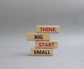 Think big start small symbol. Concept words Think big start small on wooden blocks. Beautiful grey background. Business and Think Royalty Free Stock Photo