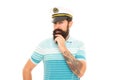 Think blue and go green. Serious seaman with beard isolated on white. Serious look of bearded man. Solving problem Royalty Free Stock Photo