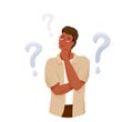 Think concept vector background. African american thoughtful man looking up thinking about solve problem. Question sign