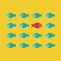 Think different concept, one red unique different fish swimming opposite way of identical blue ones, vector, illustration