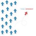 Think different concept. red arrow move different way from blue arrows. Business concept. Vector