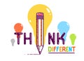 Think different word with pencil instead of letter I, ideas and brainstorm concept, vector conceptual creative logo or poster made