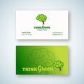 Think Green Abstract Vector Sign or Logo and Business Card Template. Brain Shape Tree Concept with Typography. Premium