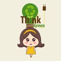 Think green. Ecology concept. Girl with green light bulb. Vector illustration Royalty Free Stock Photo