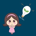 Think green. Ecology concept. Girl with light bulb. Vector illustration Royalty Free Stock Photo