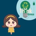 Think green. Ecology concept. Girl with green light bulb. Vector illustration Royalty Free Stock Photo