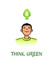 Think Green, smiling young man and a leaf bulb