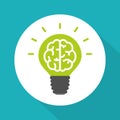 Think green symbol, brain in green lightbulb simple flat vector style