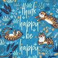 Think happy be happy. Quote. Vector print with cartoon tigers in the jungle.