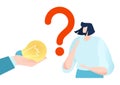 Think about idea concept, vector illustration, flat woman character have question about new solution, light bulb in huge Royalty Free Stock Photo