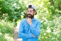 Think Outside. Bearded man casual style. ready for camping. male happy tourist wear cap. sport and fitness clothes
