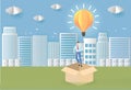 Think outside the box business concept. businessman having unieque creative idea for solution. Businessman flying with light bulb.