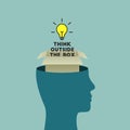 Think outside the box concept with light bulb and head silhouette Royalty Free Stock Photo