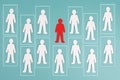 Think outside the box concept, standing out from the crowd, group of people in boxes, red man has individuality Royalty Free Stock Photo