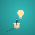 Think outside the box motivational business concept vector. Creativity symbol with man standing in a and lightbulb.