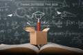 Think outside the box on school green blackboard . startup education concept. creative idea. leadership Royalty Free Stock Photo