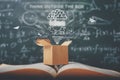 Think outside the box on school green blackboard . startup  education concept. creative idea. leadership Royalty Free Stock Photo