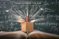 Think outside the box on school green blackboard . startup  education concept. creative idea. leadership Royalty Free Stock Photo