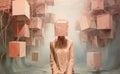 Think outside the box, woman with cardboard on her head, creative mind, brainstorming for new ideas, be innovative, no limitation Royalty Free Stock Photo