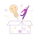 Think Outside Concept. Businessman Character Take Off Huge Box like Super Hero front of Glowing Light Bulb Royalty Free Stock Photo