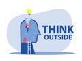 Think outside , Original businessman person rising up high with lamp bulb, metaphor of innovation, energy, brainstorm and