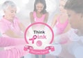 Think Pink support text with breast cancer awareness women putting hands together