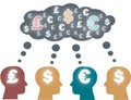 Think tank, heads thinking about money. Vector. Royalty Free Stock Photo