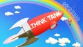 Think tank lead to achieving success in business and life. Cartoon rocket labeled with text Think tank, flying high in the blue