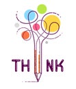 Think word with pencil instead of letter I, ideas and brainstorm concept, vector conceptual creative logo or poster made with