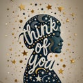 Think Of You - A Blue And Gold Painted Womans Head With Stars And Text