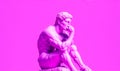 The Thinker statue, purple and pink pastel background. Generative AI