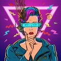 Thinker vr glasses woman gamer virtual reality online. 80s girl Royalty Free Stock Photo