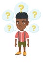 Thinking african-american boy with question marks.