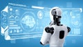 Thinking AI hominoid robot analyzing hologram screen showing concept of AI