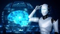 Thinking AI hominoid robot analyzing hologram screen showing concept of AI