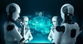 Thinking AI hominoid robot analyzing hologram screen showing concept of AI