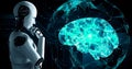 Thinking AI hominoid robot analyzing hologram screen showing concept of AI