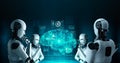 Thinking AI hominoid robot analyzing hologram screen showing concept of AI