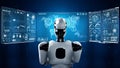 Thinking AI hominoid robot analyzing hologram screen showing concept big data