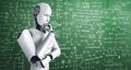 Thinking AI humanoid robot analyzing screen of mathematics formula and science