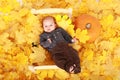 Thinking baby boy lying on wooden bed in leaves by pumpkin - Halloween Royalty Free Stock Photo