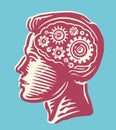 Rotating gears in human head. Thinking brain. Hand drawn vector illustration Royalty Free Stock Photo