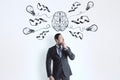 Thinking and brainstorm concept with pensive businessman on white wall background with handwritten sketch of human brain, Royalty Free Stock Photo