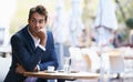 Thinking, business and man outdoor at cafe with idea for future or entrepreneur waiting at table with espresso Royalty Free Stock Photo