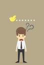 Thinking business man surrounded by question marks,Thinking business man standing under question marks,Business cartoon concept c Royalty Free Stock Photo